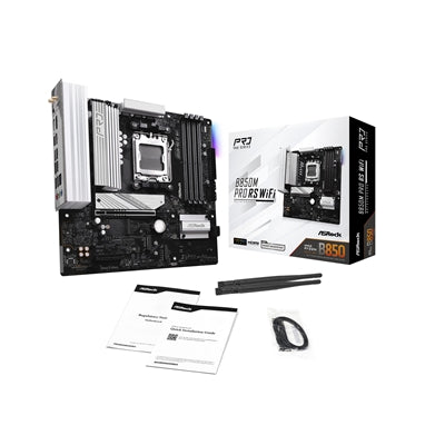 ASRock B850M Pro RS WiFi AMD AM5 Socket Motherboard, Micro-ATX, 4x DDR5 Slots, 3x M.2 Sockets, Fitted I/O Shield, 2.5GbE LAN, Wi-Fi 6E, 1x DisplayPort / 1x HDMI Port