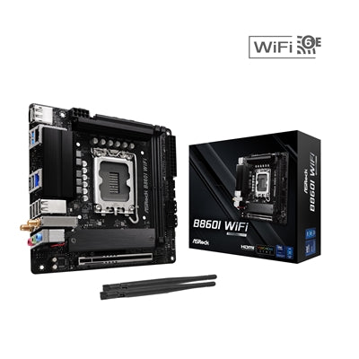 ASRock B860I WiFi Intel 1851 Socket Motherboard, Mini-ITX, 2x DDR5 Slots, 2x M.2 Sockets, 2.5GbE + 1GbE LAN, Wi-Fi 6E, 1x DisplayPort / 1x HDMI Port
