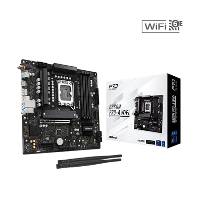 ASRock B860M Pro-A WiFi Intel 1851 Socket Motherboard, Micro-ATX, 4x DDR5 Slots, 3x M.2 Sockets, 2x USB-C Port, 2.5GbE LAN, Wi-Fi 6E, 1x DisplayPort / 1x HDMI Port