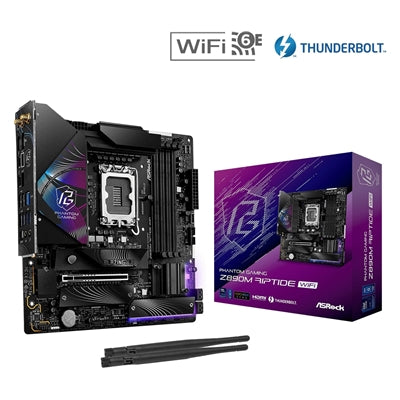 ASRock Z890M RIPTIDE WIFI PHANTOM GAMING Intel 1851 Socket Motherboard, Micro-ATX, 4x DDR5 Slots, 3x M.2 Sockets, 3x USB-C Port, Fitted I/O Shield, 2.5GbE LAN, Wi-Fi 6E, 1x DisplayPort / 1x HDMI / 2x USB-C (USB4)