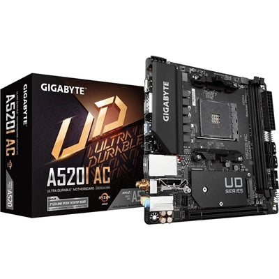 Gigabyte A520I AC Ultra Durable AMD AM4 Socket Motherboard, Mini-ITX, 2x DDR4 Slots, 1x M.2 Socket, Wifi 5, 1x Display Port 1.4 / 2x HDMI Ports