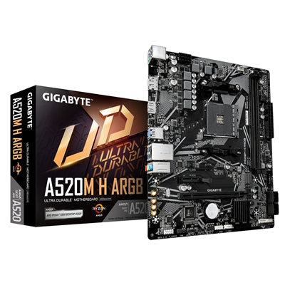 Gigabyte A520M H ARGB AMD AM4 Socket Motherboard, Micro-ATX, 2x DDR4 Slots, 1x M.2 Socket, GbE LAN, 1x DisplayPort / 1x HDMI Port