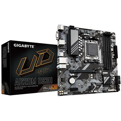 Gigabyte A620M DS3H Ultra Durable AMD AM5 Socket Motherboard, Micro-ATX, 4x DDR5 Slots, 1x M.2 Socket, 1x USB-C Port, GbE LAN, 1x D-Sub / 1x DisplayPort / 1x HDMI Port