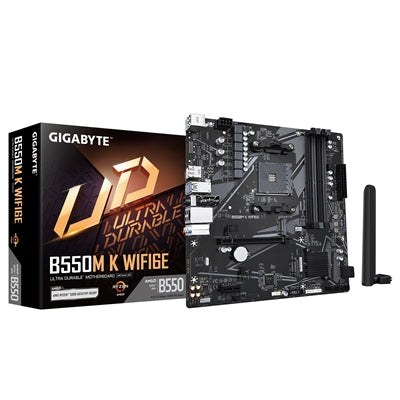 Gigabyte B550M K WIFI6E AMD AM4 Socket Motherboard, Micro-ATX, 4x DDR4 Slots, 2x M.2 Socket, GbE LAN, Wi-Fi 6E, 1x DisplayPort / 1x HDMI Port