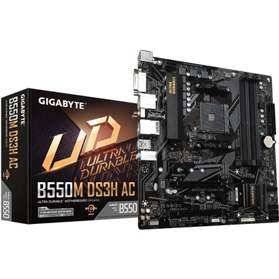 Gigabyte B550M DS3H AC Ultra Durable AMD AM4 Socket Motherboard, Micro-ATX, 4x DDR4 Slots, 2x M.2 Sockets, GbE LAN, Wi-Fi 5, 1x DVI-D / 1x HDMI Port