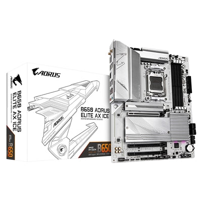 Gigabyte B650 AORUS ELITE AX ICE AMD AM5 Socket Motherboard, ATX, 4x DDR5 Slots, 3x M.2 Sockets, 2x USB-C Port, Fitted I/O Shield, 2.5GbE LAN, Wi-Fi 6E, 1x DisplayPort / 1x HDMI Port