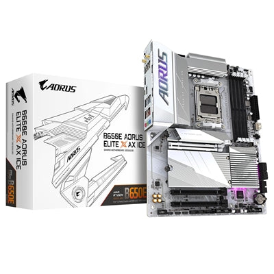 Gigabyte B650E AORUS ELITE X AX ICE AMD AM5 Socket Motherboard, ATX, 4x DDR5 Slots, 3x M.2 Sockets, 2x USB-C Port, Fitted I/O Shield, 2.5GbE LAN, Wi-Fi 6E, 2x HDMI Port / 1x USB-C