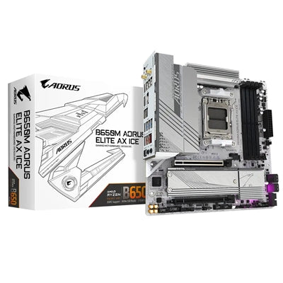 Gigabyte B650M AORUS ELITE AX ICE AMD AM5 Socket Motherboard, Micro-ATX, 4x DDR5 Slots, 2x M.2 Sockets, 2x USB-C Port, Fitted I/O Shield, 2.5GbE LAN, Wi-Fi 6E, 1x DisplayPort / 1x HDMI Port