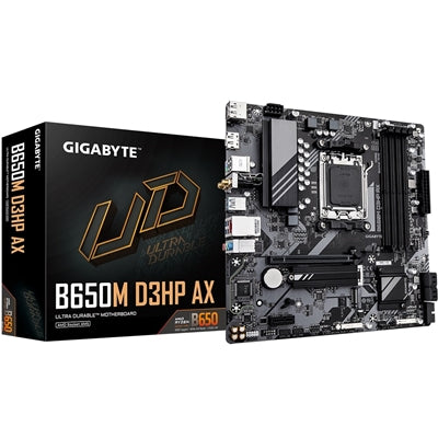 Gigabyte B650M D3HP AX Ultra Durable AMD AM5 Socket Motherboard, Micro-ATX, 4x DDR5 Slots, 2x M.2 Sockets, 2x USB-C Port, 2.5GbE LAN, Wi-Fi 6E, 2x DisplayPorts / 1x HDMI Port