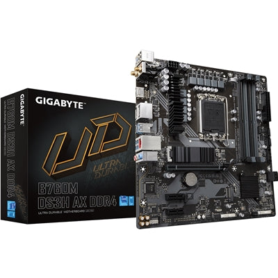 Gigabyte B760M DS3H AX DDR4 Ultra Durable Intel 1700 Socket Motherboard, Micro-ATX, 4x DDR4 Slots, 2x M.2 Sockets, 1x USB-C Port, 2.5GbE LAN, Wi-Fi 6E, 1x D-Sub / 1x DisplayPort / 1x HDMI Port