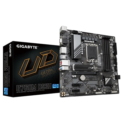 Gigabyte B760M DS3H Ultra Durable Intel 1700 Socket Motherboard, Micro-ATX, 4x DDR5 Slots, 2x M.2 Sockets, 1x USB-C Port, 2.5GbE LAN, 1x D-Sub / 2x DisplayPorts / 1x HDMI Port