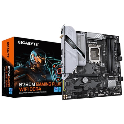 Gigabyte B760M GAMING PLUS WIFI DDR4 Intel 1700 Socket Motherboard, Micro-ATX, 4x DDR4 Slots, 2x M.2 Sockets, Fitted I/O Shield, GbE LAN, Wi-Fi 6, 1x DisplayPort / 1x HDMI Port