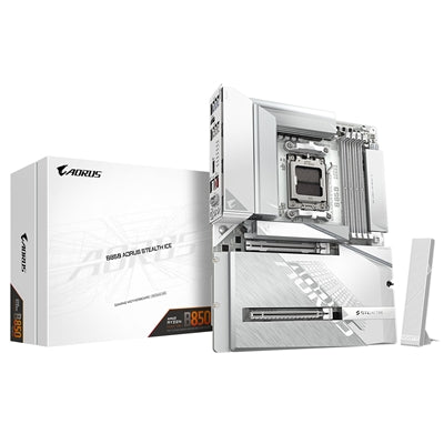 Gigabyte B850 AORUS STEALTH ICE AMD AM5 Socket Motherboard, ATX, 4x DDR5 Slots, 3x M.2 Socket, Fitted I/O Shield, 5GbE LAN, Wi-Fi 7, 1x HDMI Port