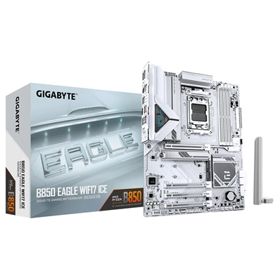Gigabyte B850 EAGLE WIFI7 ICE AMD AM5 Socket Motherboard, ATX, 4x DDR5 Slots, 3x M.2 Sockets, Fitted I/O Shield, 2.5GbE LAN, Wi-Fi 7, 1x DisplayPort / 1x HDMI Port