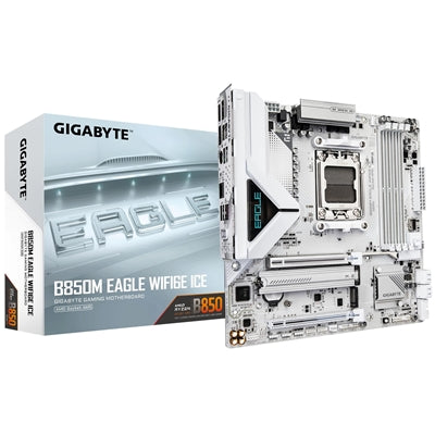 Gigabyte B850M Eagle WIFI6E ICE AMD AM5 Socket Motherboard, Micro ATX, 4x DDR5 Slots, 2x M.2 Sockets, Fitted I/O Shield, 2.5GbE LAN, Wi-Fi 6E, 2x DisplayPort / 1x HDMI Port