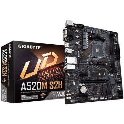 Gigabyte A520M S2H Ultra Durable AMD AM4 Socket Motherboard, Micro-ATX, 2x DDR4 Slots, 1x M.2 Socket, GbE LAN, 1x D-Sub / 1x DisplayPort / 1x HDMI Port