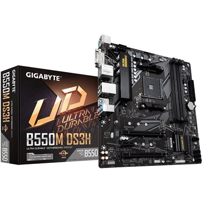 Gigabyte B550M DS3H Ultra Durable AMD AM4 Socket Motherboard, Micro-ATX, 4x DDR4 Slots, 2x M.2 Sockets, GbE LAN, 1x DVI-D / 1x DisplayPort / 1x HDMI Port