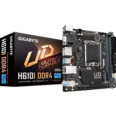 Gigabyte H610I DDR4 Ultra Durable Intel 1700 Socket Motherboard, Mini-ITX, 2x DDR4 Slots, 1x M.2 Socket, GbE LAN, 1x D-Sub / 2x DisplayPorts / 1x HDMI Port