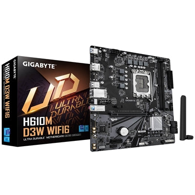 Gigabyte H610M D3W WIFI6 (Rev. 1.1) Intel 1700 Socket Motherboard, Micro-ATX, 2x DDR5 Slots, 1x M.2 Socket, GbE LAN, Wi-Fi 6, 1x DisplayPort / 1x HDMI Port