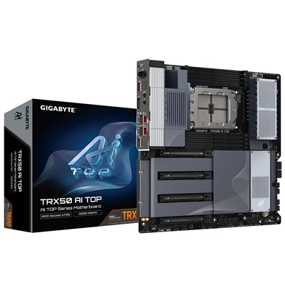 Gigabyte TRX50 AI TOP AMD sTR5 Socket Motherboard, E-ATX, 8x DDR5 Slots, 4x M.2 Sockets, Fitted I/O Shield, 2x 10GbE LAN, Wi-Fi 7, 1x DisplayPort / 1x USB-C (USB4)