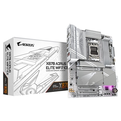 Gigabyte X870 AORUS ELITE WIFI7 ICE AMD AM5 Socket Motherboard, ATX, 4x DDR5 Slots, 4x M.2 Sockets, Fitted I/O Shield, 2.5GbE LAN, Wi-Fi 7, 1x HDMI Port / 2x USB-C (USB4)