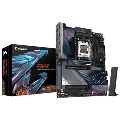 Gigabyte X870E AORUS MASTER X3D AMD AM5 Socket Motherboard, ATX, 4x DDR5 Slots, 5x M.2 Sockets, Fitted I/O Shield, 10GbE LAN, Wi-Fi 7, 1x HDMI Port / 2x USB-C (USB4)