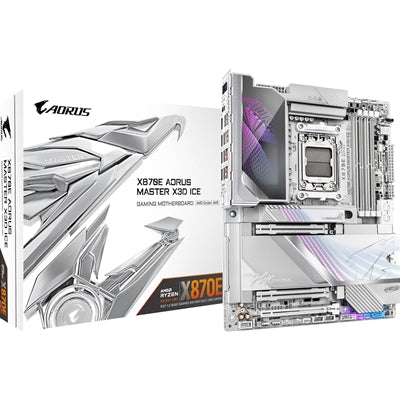 Gigabyte X870E AORUS MASTER X3D ICE AMD AM5 Socket Motherboard, ATX, 4x DDR5 Slots, 5x M.2 Sockets, Fitted I/O Shield, 10GbE LAN, Wi-Fi 7, 1x HDMI Port / 2x USB-C (USB4)