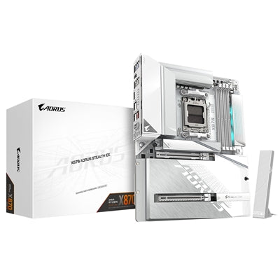 Gigabyte X870 AORUS STEALTH ICE AMD AM5 Socket Motherboard, ATX, 4x DDR5 Slots, 4x M.2 Sockets, 5GbE LAN, Wi-Fi 7, 1x HDMI Port / 2x USB-C (USB4)