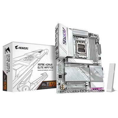 Gigabyte X870E AORUS ELITE WIFI7 ICE AMD AM5 Socket Motherboard, ATX, 4x DDR5 Slots, 4x M.2 Sockets, Fitted I/O Shield, 2.5GbE LAN, Wi-Fi 7, 1x HDMI Port / 2x USB-C (USB4)