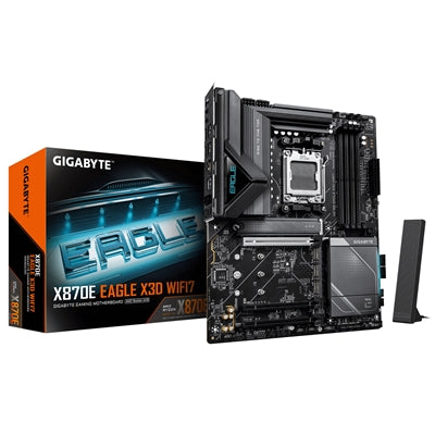 Gigabyte X870E EAGLE X3D WIFI7 AMD AM5 Socket Motherboard, ATX, 4x DDR5 Slots, 4x M.2 Sockets, Fitted I/O Shield, 5GbE LAN, Wi-Fi 7, 1x HDMI Port / 2x USB-C (USB4)