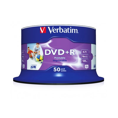 Verbatim DVD+R 16X 4.7GB 50 Pack Spindle Wide Inkjet Printable No ID