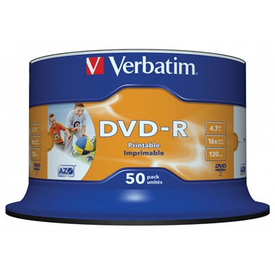Verbatim DVD-R 16X 4.7GB 50 Pack Spindle Wide Inkjet Printable No ID