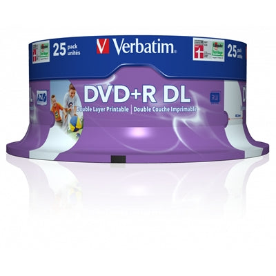 Verbatim DVD+R Double Layer 8.5GB 8X Wide Printable 25 Pack Spindle No ID