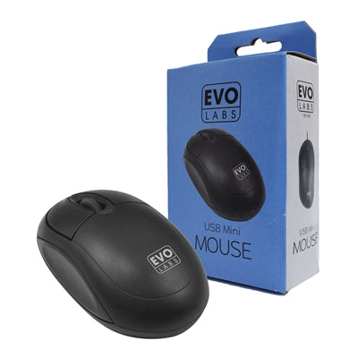 Evo Labs MO-001 Wired USB Mini Plug and Play Mouse, 800 DPI Optical Tracking, 3 Button with Scroll Wheel,  Ambidextrous Design for PC / Mac / Laptop, Matte Black