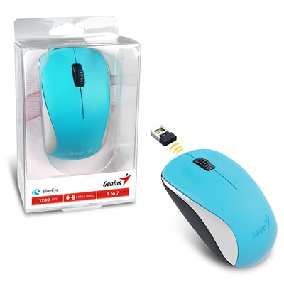 Genius NX-7000 Wireless Mouse, 2.4 GHz with USB Pico Receiver, Adjustable DPI levels up to 1200 DPI, 3 Button with Scroll Wheel, Ambidextrous Design, Blue