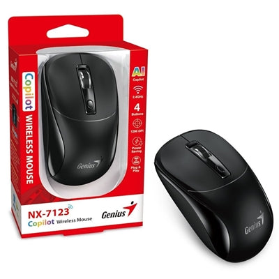 Genius NX-7123 Copilot AI Wireless Mouse, 2.4 GHz with USB Receiver, 1200 DPI, 4 Button with Scroll Wheel, Ambidextrous Design, Black