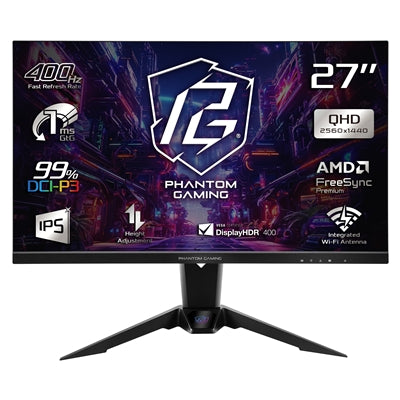 ASRock Phantom Gaming PG27QFW2A 27 Inch QHD (2560 x 1440) IPS Gaming Monitor, 400Hz 1ms (MPRT) Response Time, 2 x HDMI 2.0, 1 x DisplayPort 1.4, Height Adjustable