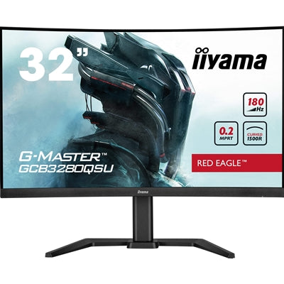 iiyama G-Master GCB3280QSU-B2  Red Eagle 32 Inch Curved Gaming Monitor, Black, 2560x1440, 0.2ms, 180hz, FreeSync, HDMI, Display Port, USB Hub, Speakers, Int PSU, Height Adjustable, Swivel, VESA