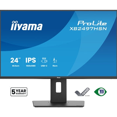 iiyama XB2497HSN-B1 24" IPS LCD USB-C Dock Display with 65W Charging, 4ms (1ms MPRT, Full HD 1920x1080, 350 cd/m2 Brightness, RJ45, 1x HDMI,1 x DisplayPort In, 1 x DP-OUT(MST), USB Hub 2x USB 3.0 + 2x USB-C (7.5W), 2W Speakers, Height Adjustable Stan