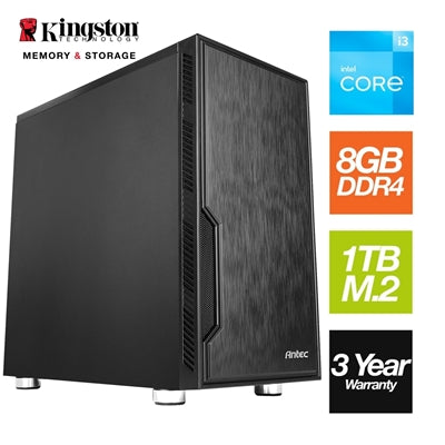 Intel i3 14100 Quad Core 8 Thread 3.50GHz (4.70GHz Boost), 8GB Kingston RAM, 1TB Kingston NVMe M.2, WiFi AC1200, Antec VSK Chassis - Pre-Built PC