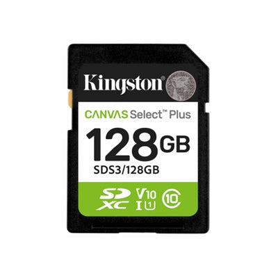 Kingston Canvas Select Plus  SDS3/128GB V30 128GB SD Class 10 UHS-I U3 Flash Card