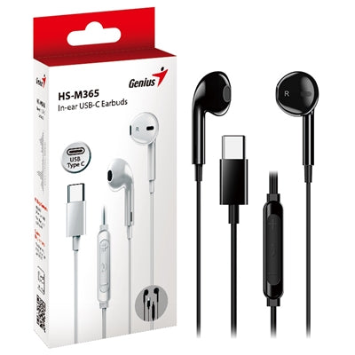 Genius HS-M365B USB-C In-Ear Wired Earbuds with In-Line Microphone and Volume Controls Black