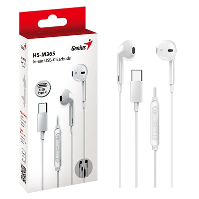 Genius HS-M365W USB-C In-Ear Wired Earbuds with In Line Microphone and Volume Controls White