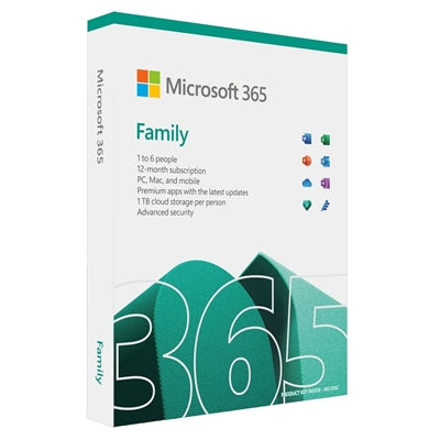 Microsoft 365 Family Medialess 1 Year Subscription 6 Users - Retail Boxed FY25H2