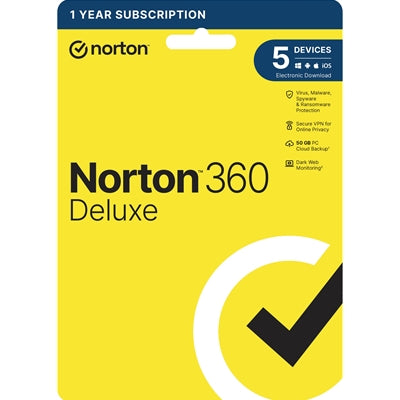 Norton 360 Deluxe, Antivirus Software for 5 Devices, 1-year Subscription, Includes Secure VPN, Password Manager and 50GB of Cloud Storage, PC/Mac/iOS/Android, Retail Boxed