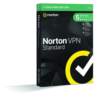 Norton VPN 5 Device 1-year Subscription, Includes Change Location, Content Access, Auto Connect and Ad Tracker Blocking, PC/Mac/iOS/Android, Retail Boxed